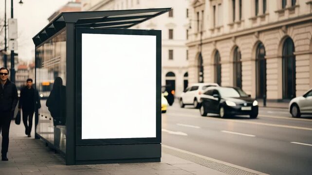 Blank billboard on a city bus stop, pedestrians and traffic blurred in background