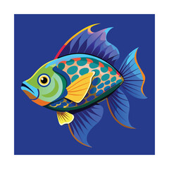 Blue and green fish with purple fins on dark blue background