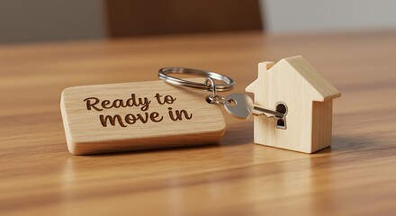Wooden house key chain with ready to move in text on wood table