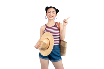 Smiling woman in summer outfit pointing at something with hat on PNG
