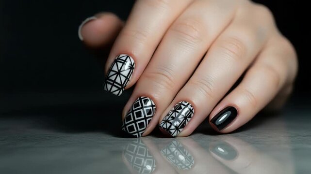 Close-up of hand with black and white geometric nail art, reflected on a surface