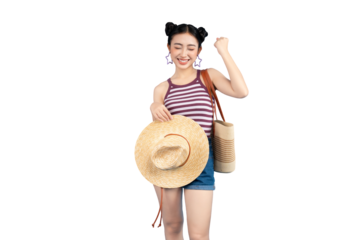 Portrait of a joyful woman embracing the sunshine and anticipation of a summer vacation, in a casual pose on PNG