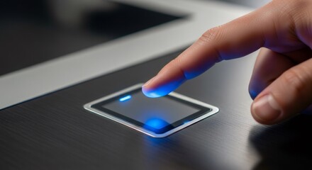 Woman finger touching biometric scanner. Fingerprint security access for personal data protection. Cybersecurity concept.
