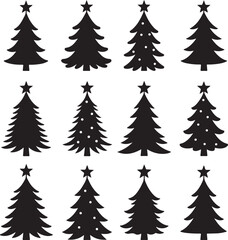 Fototapeta premium Festive Silhouette Trees: An array of Christmas trees with varied ornaments and stars set the stage for holiday cheer, exuding timeless charm. 