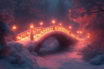 Lantern-lit bridge in snow.