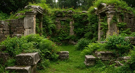 Ancient stone structure ruins overgrown with lush green foliage and vegetation