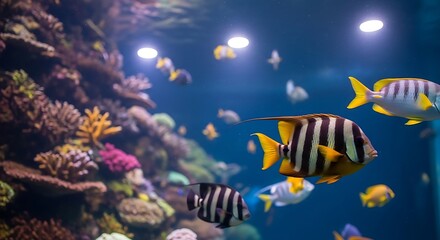 A school of exotic striped fish swims gracefully by a vibrant underwater coral reef