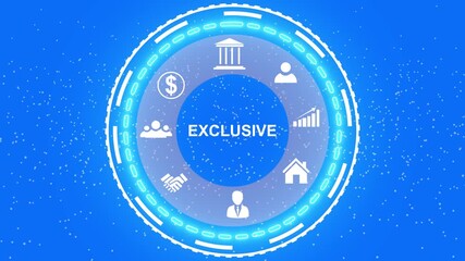 A Exclusive concept button on a futuristic ,Blue holographic advanced HUD circle platform glowing dots digital luxurious wave particles flows background. 4k animation motion graphic video...