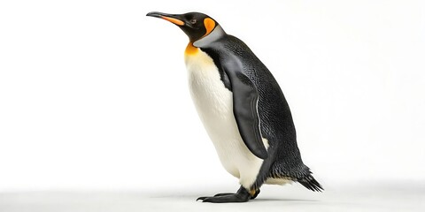 Fototapeta premium A majestic king penguin stands tall and proud against a stark white background showcasing its vibrant plumage and elegant posture