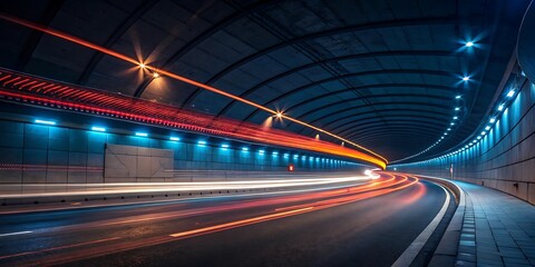 Vibrant light trails streak through a dark modern tunnel creating a sense of speed and urban energy