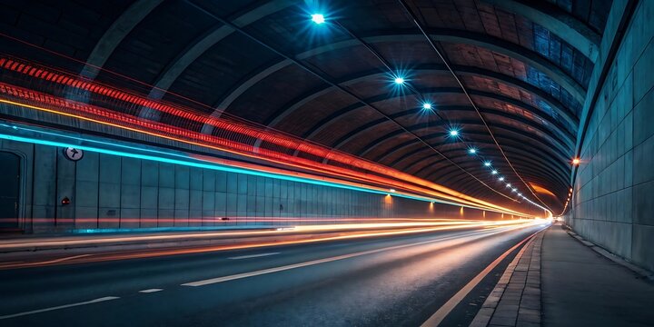 Vibrant streaks of red and blue light illuminate a dark tunnel capturing the motion of vehicles in a long exposure photograph