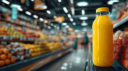Yellow Juice Bottle on Supermarket Aisle