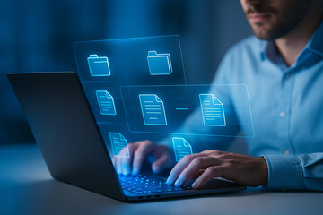 AI generated digital data management concept with futuristic holographic file system blue light effects modern workspace and global connectivity for business technology innovation and cybersecurity