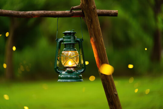Vintage oil lantern hanging in a forest with fireflies at dusk