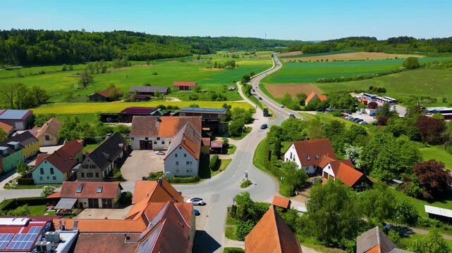 4K Aerial Drone Video of Farmland and Farmhouses in the Village of Sachsen near Ansbach, Germany