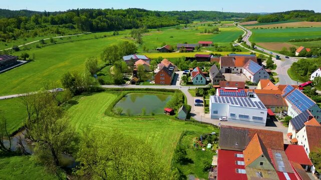 4K Aerial Drone Video of Fields and Farmhouses in the Village of Sachsen near Ansbach, Germany