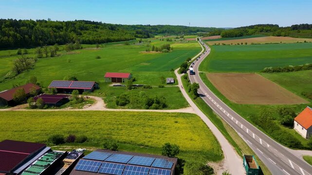 4K Aerial Drone Video of Farmland and Farmhouses in the Village of Sachsen near Ansbach, Germany
