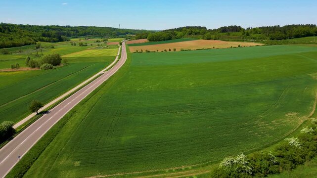4K Aerial Drone Video of Farm Fields in the Village of Sachsen near Ansbach, Germany