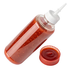 Plastic squeeze bottle for ketchup with transparent body and clear nozzle