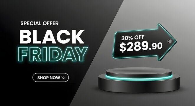 Black friday special offer with 30 off discount on a podium, promoting shopping deals and sales