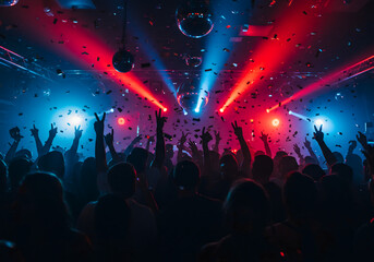 music festival celebration with people dancing and confetti falling