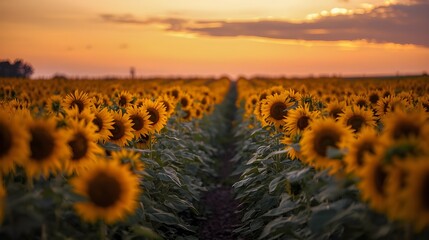 Fototapeta premium Sunflowers in Bloom with Evening Sky