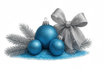 Christmas decorating with blue baubles, silver bow, spruce branch, and artificial snow on transparent background
