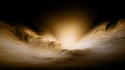 An explosive abstract corona of golden and white energy erupting from a dark center, sending out waves of luminous particles.