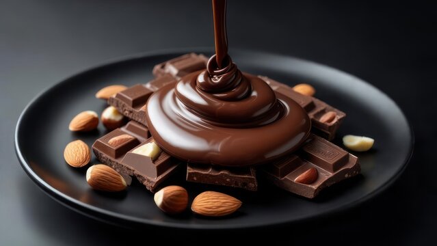 Melted Chocolate Pouring Over Almonds and Chocolate Bars on a Black Plate.