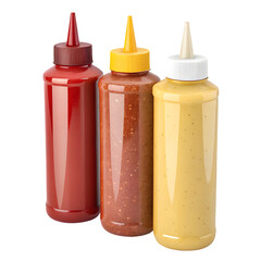 Plastic squeeze bottles with cone tips, filled with ketchup, and clear nozzle