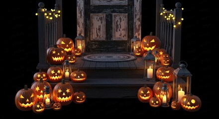 Spooky Halloween porch scene with glowing jack-o'-lanterns and lanterns, perfect for festive designs and holiday promotions to capture the eerie spirit
