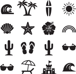 Naklejka premium Sunshine Symbols of Summer: An array of iconic summer symbols, including sun, surf, palm tree, seashell, starfish, sunglasses, and sandcastle, create a cheerful atmosphere.