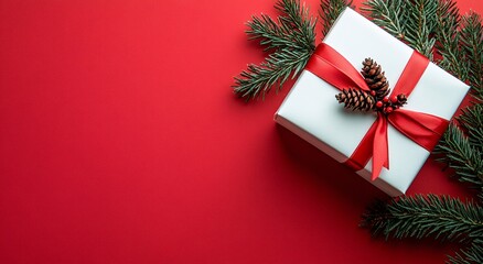 Elegant white gift box adorned with a festive red ribbon, pinecones, and berries, nestled amongst lush green fir branches on a vibrant red backdrop, perfect for holiday celebrations and promotions.