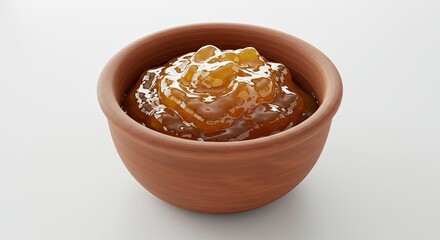 A small terracotta bowl filled with golden honey.