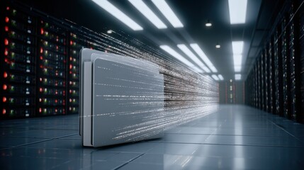 Data flow in a server room showcasing the speed and efficiency of modern technology during a busy processing period