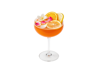 Refreshing Citrus Cocktail with Orange, Lemon and Floral Decoration on White