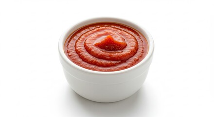 A small white bowl filled with rich red tomato ketchup on a clean white background.