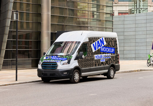 Mockup of Delivery Van Parked in London Street. Front and lateral custom design available