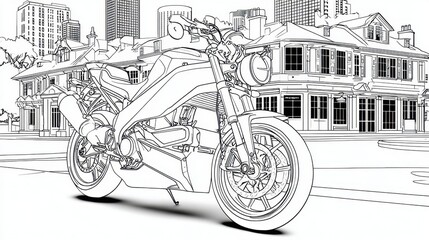 Fototapeta premium Coloring adventure featuring an impressive motorcycle parked in front of a grand cityscape with modern skyscrapers and classical architecture