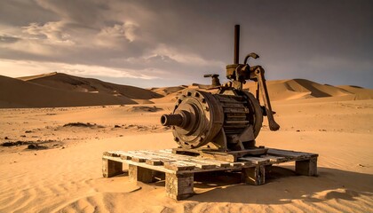 Rusty machine in desert landscape