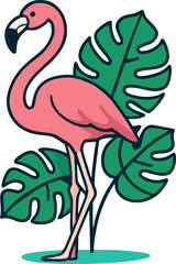 Pink Flamingo and Monstera Leaves Vector Illustration – Tropical Bird and Plant Minimal Art