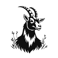 Goat head illustration, farm animal portrait, mountain goat drawing, livestock head vector, wild goat face design in graphic art style