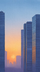 Fototapeta premium Majestic Sunset Over Urban Skyscrapers: Aerial View Capturing the Harmony of Modern Architecture and Nature's Palette in a Vibrant City Landscape