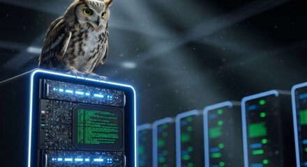 Owl perching on server rack. Data protection concept. Cybersecurity and network security for internet and privacy.