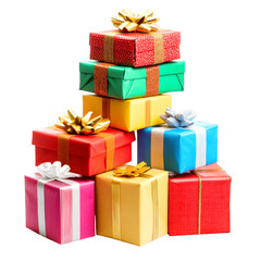 Fototapeta premium Stack of brightly wrapped gift boxes with bows sits high on transparent background