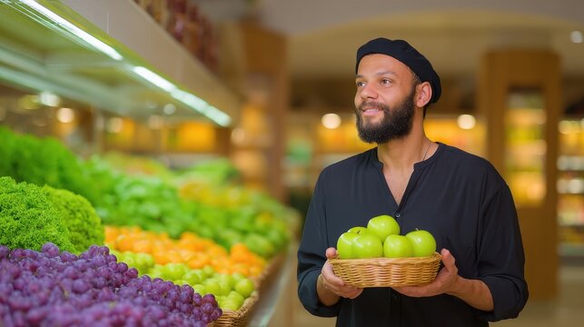 Man in beanie joyfully selecting fresh produce in a vibrant market while holding a basket of green apples during daylight hours