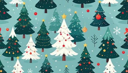 Festive Christmas Tree Pattern with Decorations and Snowflakes on Teal Background