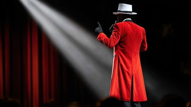 Magic and chaos unfold on stage as a performer reveals a stunning trick under brilliant spotlight