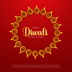 Happy Diwali Post and Greeting Card Wishes. Festival of Lights Celebration Creative Poster with Text and Diyas Vector Illustration