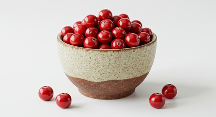 Bowl of fresh red cherries on a white background.